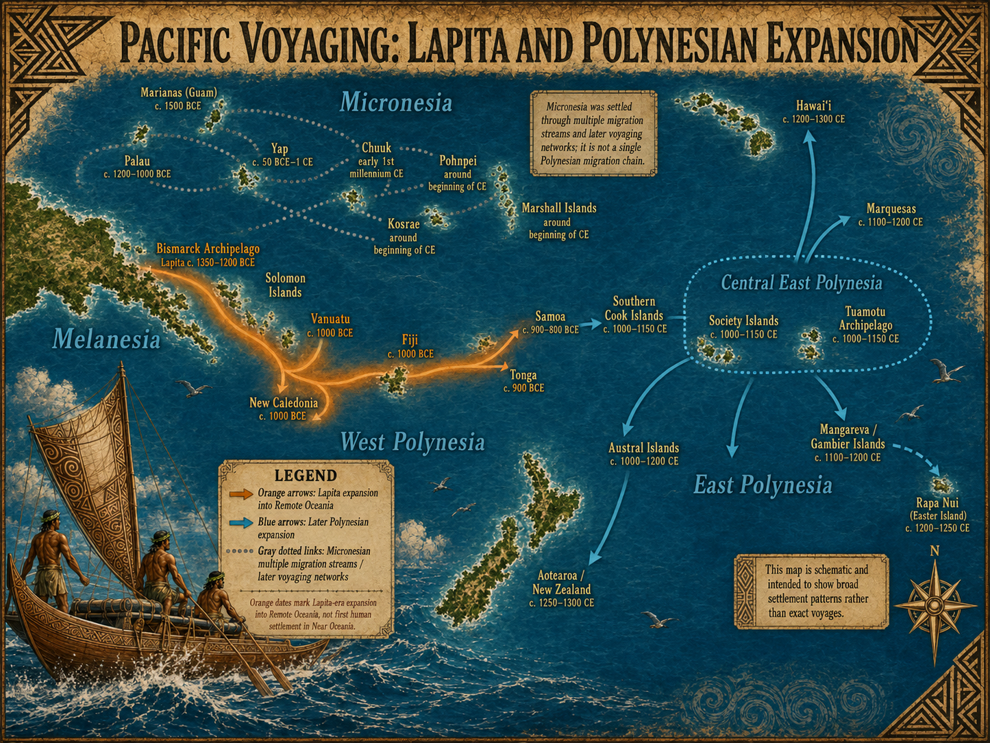 An educational poster titled 'Pacific Voyaging: Lapita and Polynesian Expansion' featuring a stylized map of the Polynesian islands with historical kava trade  routes highlighted in orange and blue, accompanied by illustrations of ancient voyagers in a boat and text boxes detailing key locations and timelines.