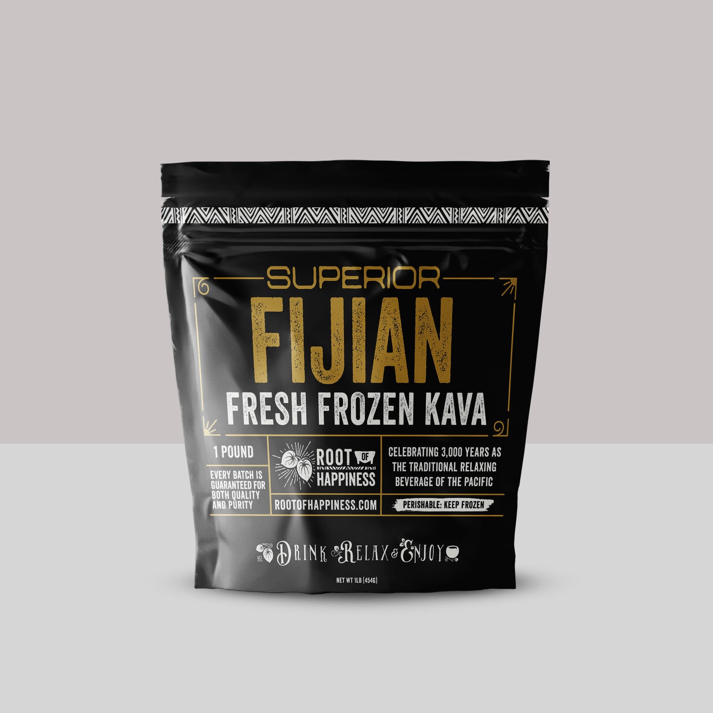 Fresh frozen Fijian kava root from Root of Happiness, showcasing the Superior brand packaging and vibrant fresh kava roots.