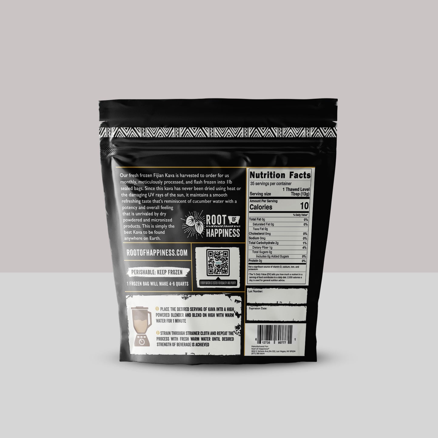 Fresh frozen Fijian kava root by Root of Happiness, showing front and back packaging of Superior Fresh Frozen Fijian Kava.