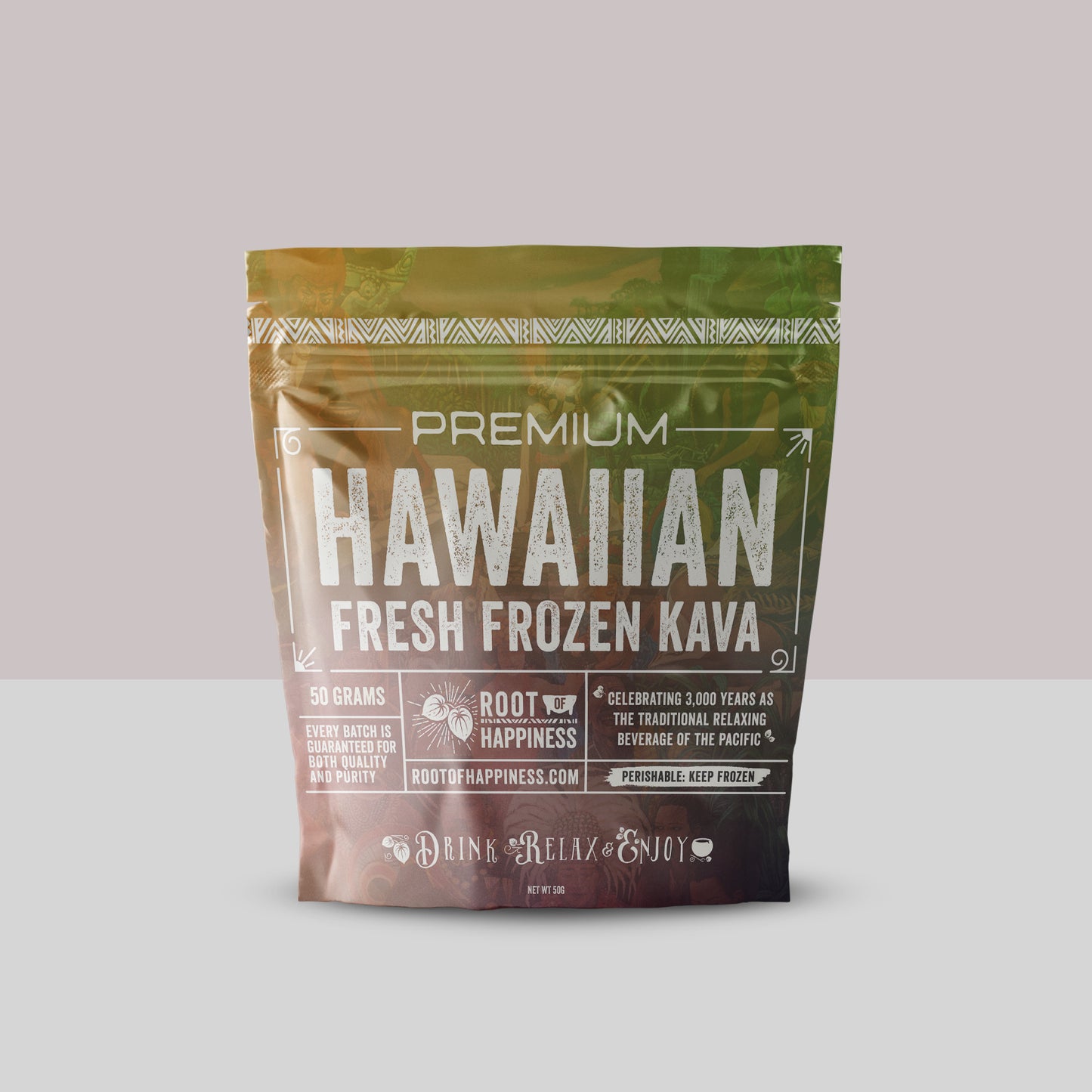 Fresh frozen Hawaiian Kava from Root of Happiness, 1lb, showing the premium packaging of the natural kava root product.