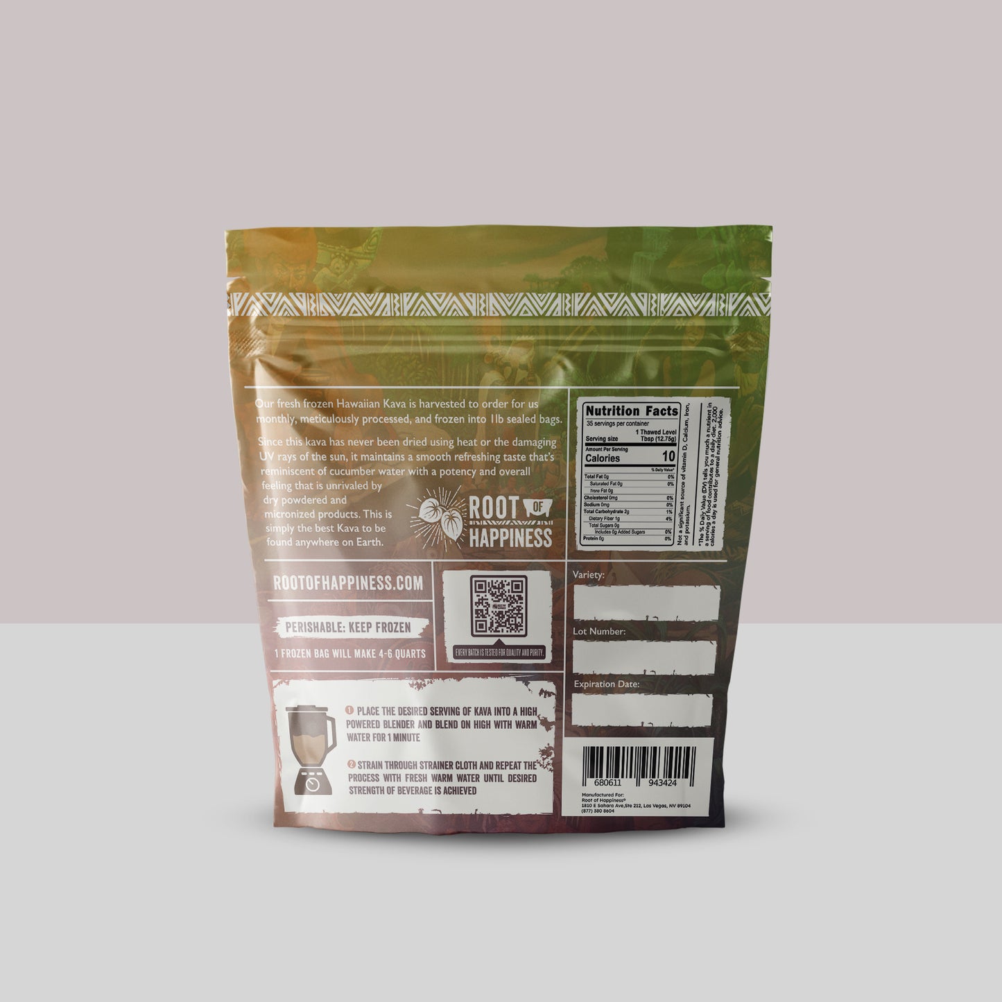 Fresh frozen Hawaiian Kava by Root of Happiness, 1lb package showing vibrant Hawaiian roots and fresh kava preparation.