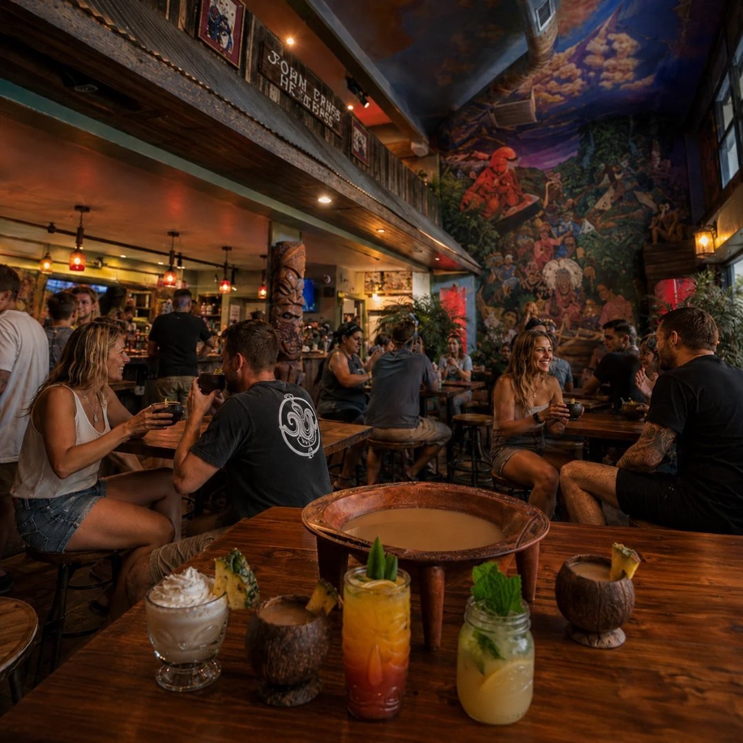 Interior of a Root of Happiness kava bar with a large wooden tanoa bowl of kava, coconut shells and communal tables